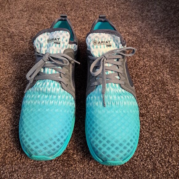 Ariat Women's Fuse athletic shoe in a turquoise and gray ombre mesh design. - Picture 8 of 9